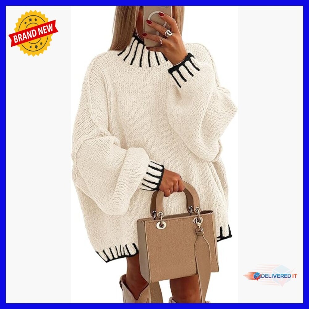 Oversized Chunky Knit Pullover Sweater Long Sleeve Mock Neck Winter Top - Picture 1 of 7